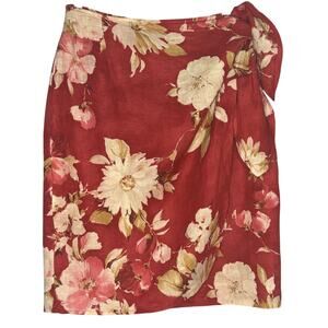 Jones New York 100% Linen Lightweight Faux Wrap Side Tie Skirt Women 6 Red Beige